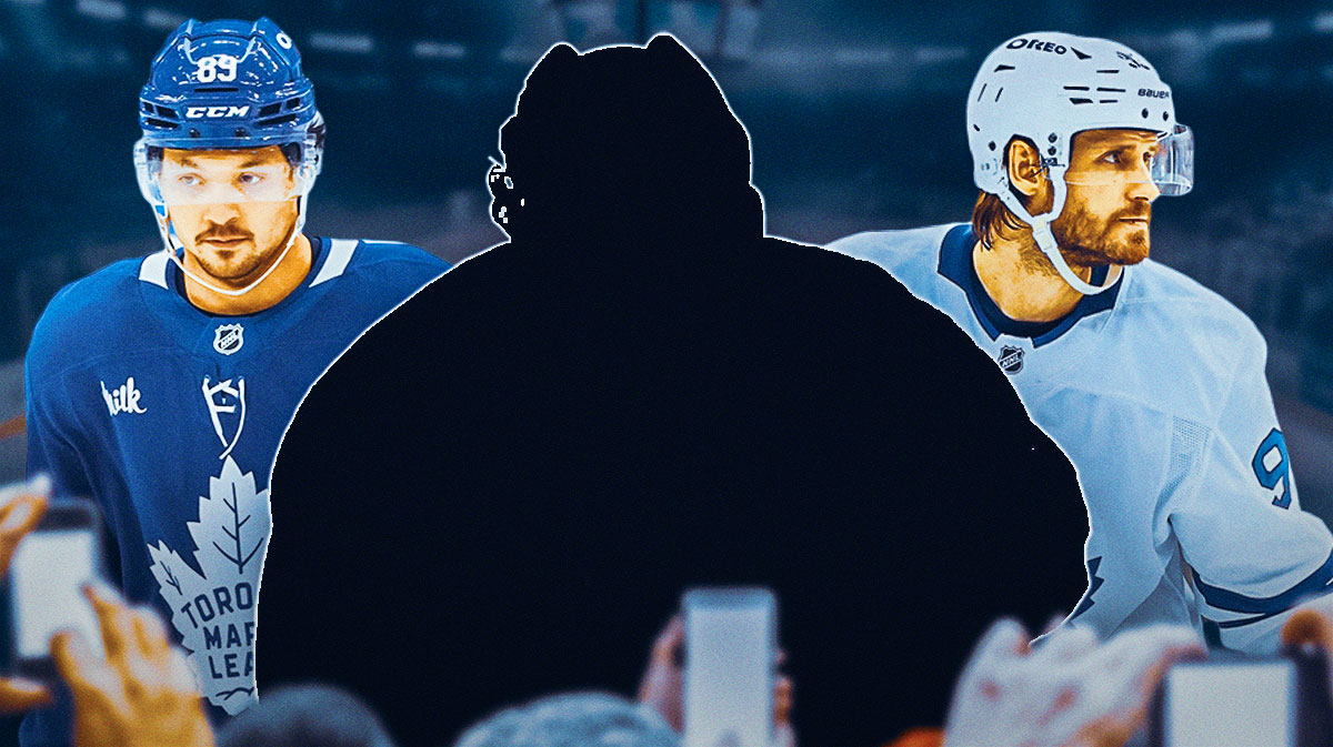 Nicholas Robertson and Oliver Ekman-Larsson on the outsides. Mystery player in the middle. Maple Leafs logo background.