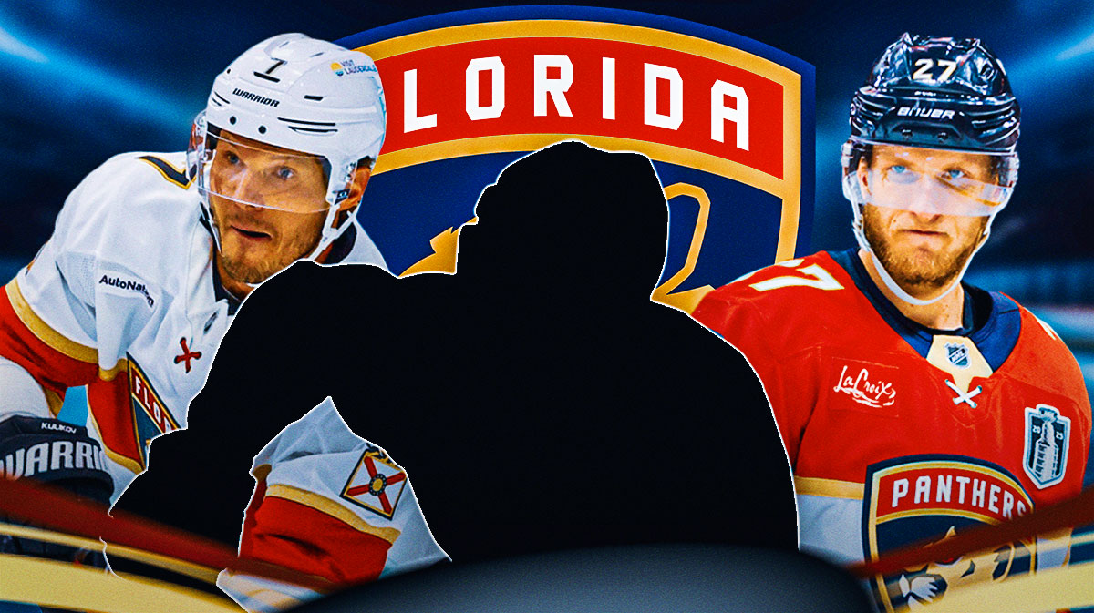 Eetu Luostarinen and Smitry Kulikov on the outsides, mystery player in the middle. Panthers logo in the background.