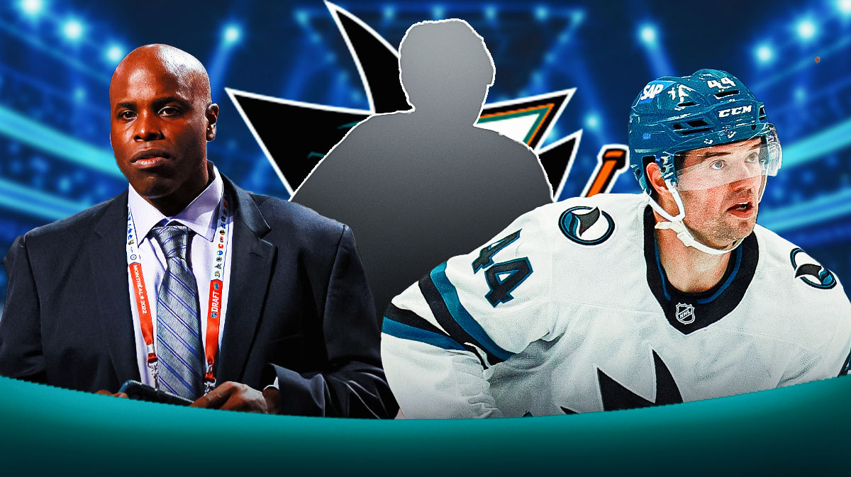Marc-Edouard Vlasic and GM Mike Grier on the sides. mystery player in the middle. sharks logo background.