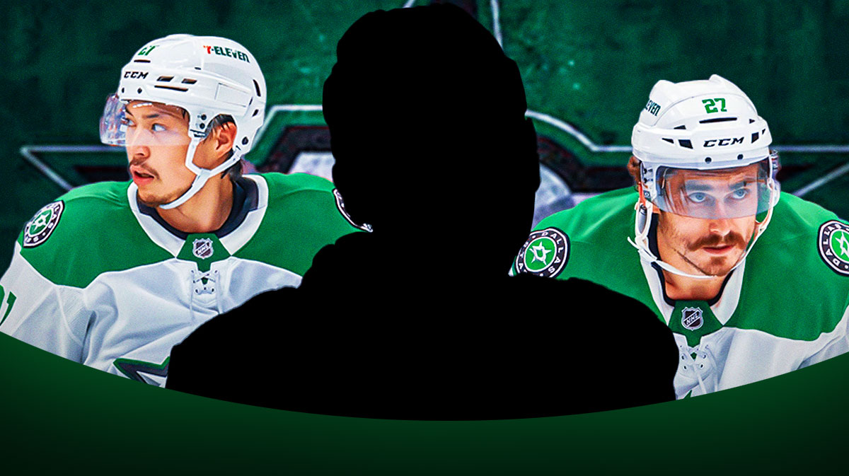 Mason Marchment and Jason Robertson on the outsides. Mystery player in the middle. Stars logo in the background.