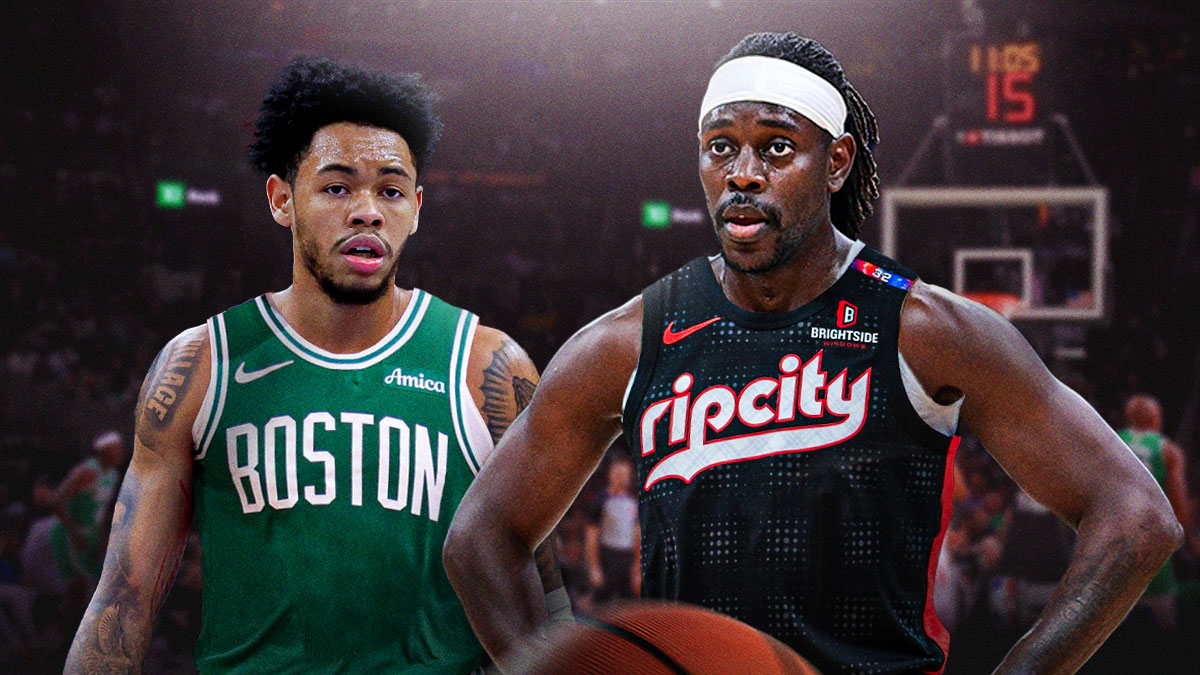 Jrue Holiday (Blazers jersey) next to Anfernee Simons (Celtics jersey) on a generic boston background
