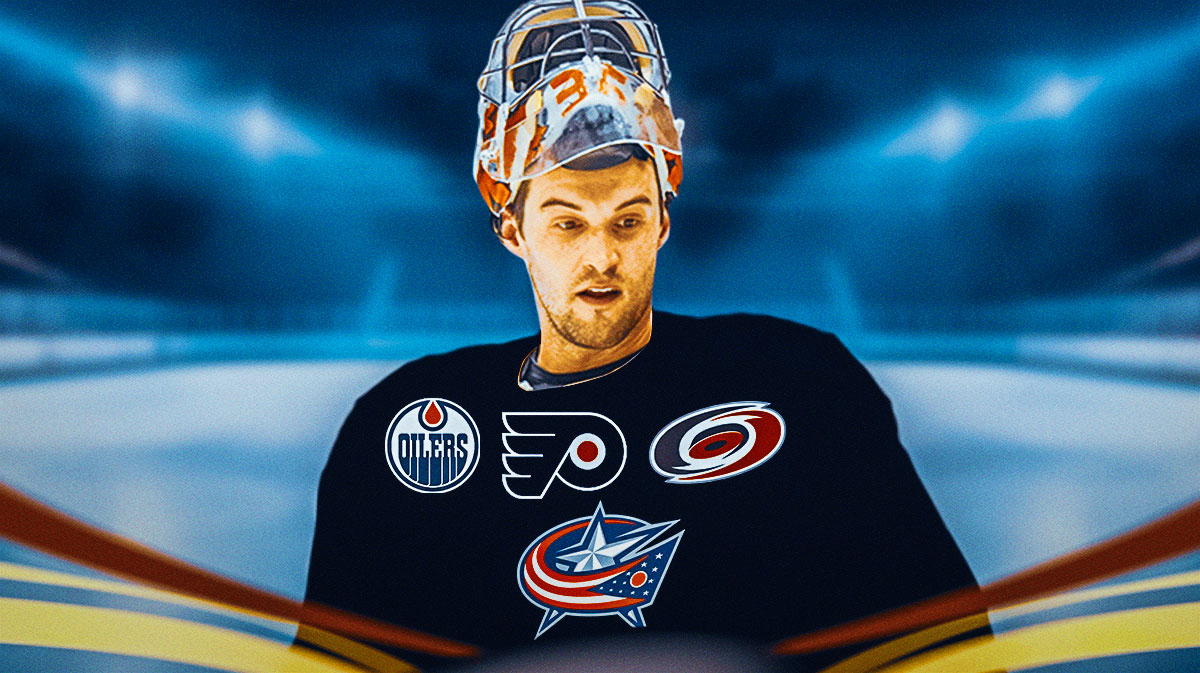 Ducks goalie John Gibson with Oilers, Flyers, Hurricanes, Blue Jackets logos