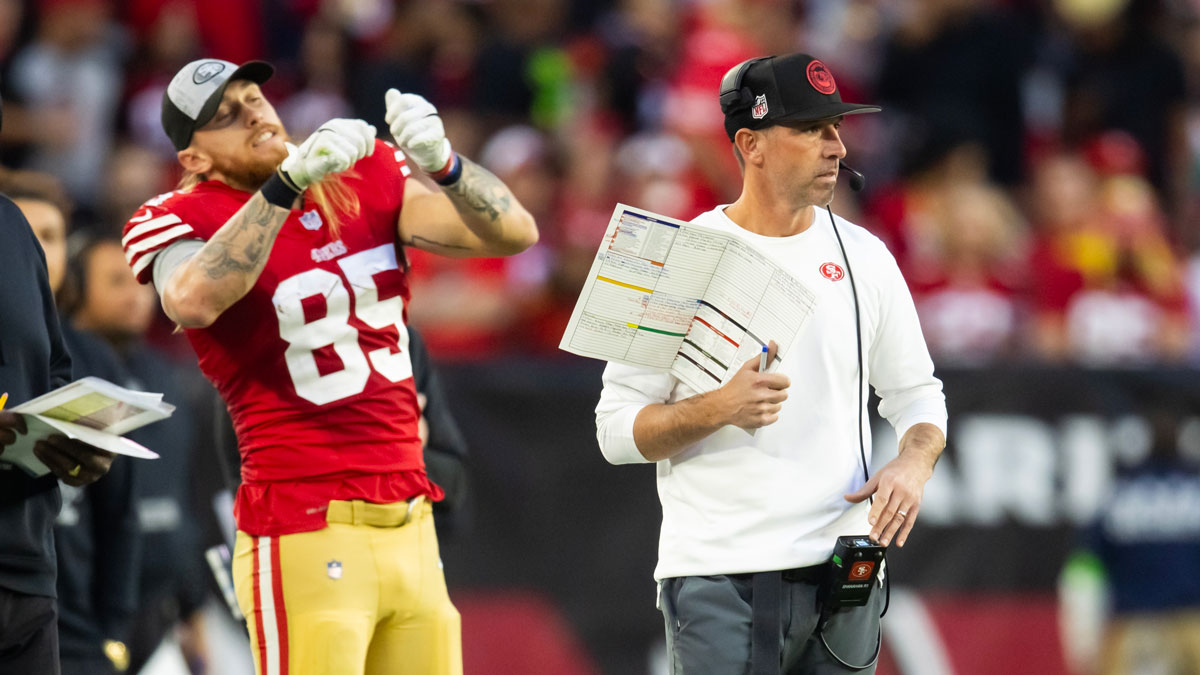 San Francisco 49ers head coach Kyle Shanahan and tight end George Kittle (85) against the Arizona Cardinals at State Farm Stadium.