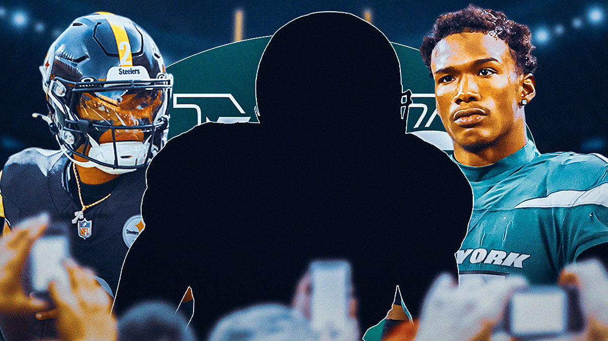 One mystery player in the middle, Justin Fields and Garrett Wilson around him, New York Jets logo in the background