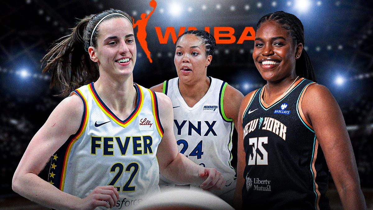 Caitlin Clark (Fever), Napheesa Collier (Lynx) and Jonquel Jones (Liberty) all in-game shots, WNBA logo and full arena in background