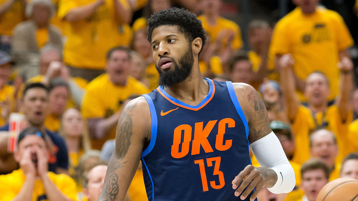 Oklahoma City Thunder forward Paul George (13) between plays during the first half of game six of the first round of the 2018 NBA Playoffs against the Utah Jazz at Vivint Smart Home Arena.