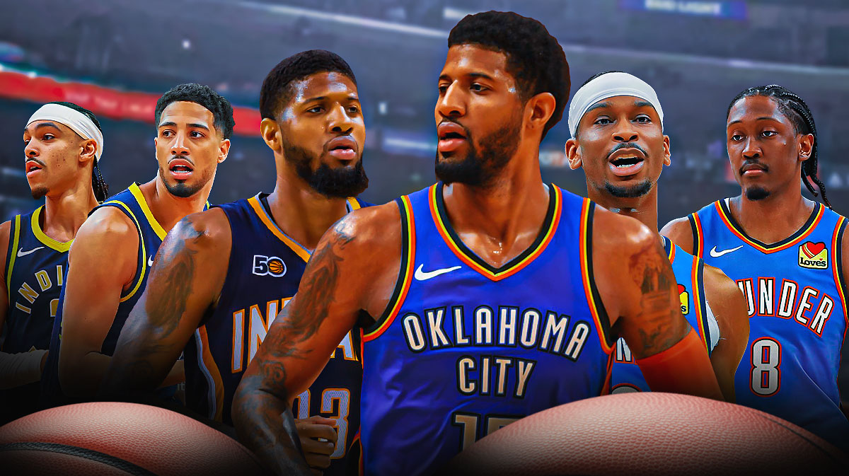 In the middle is Paul George in Thunder jersey and Paul George in Pacers jersey. On the side of Thunder's George is Shai Gilgeous-Alexander and Jalen Williams. On the Pacers' George side is Tyrse Haliburton and Andrew Nembhard.