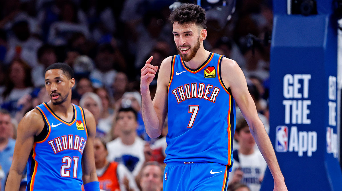 Oklahoma City Thunder forward Chet Holmgren (7) celebrates after a play during the second quarter against the Minnesota Timberwolves in game five of the western conference finals for the 2025 NBA Playoffs at Paycom Center. 