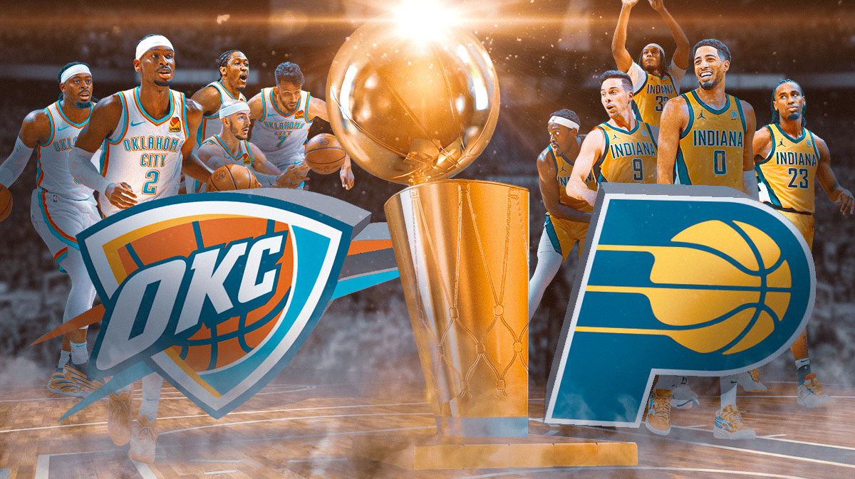 One side of graphic is Tyrese Haliburton, T.J. McConnell, Pascal Siakam, Myles Turner, Aaron Nesmith, Pacers logo. Other side is Shai Gilgeous-Alexander, Alex Caruso, Jalen Williams, Chet Holmgren, Lu Dort, Thunder logo. Front and center is Larry O'Brien Trophy.