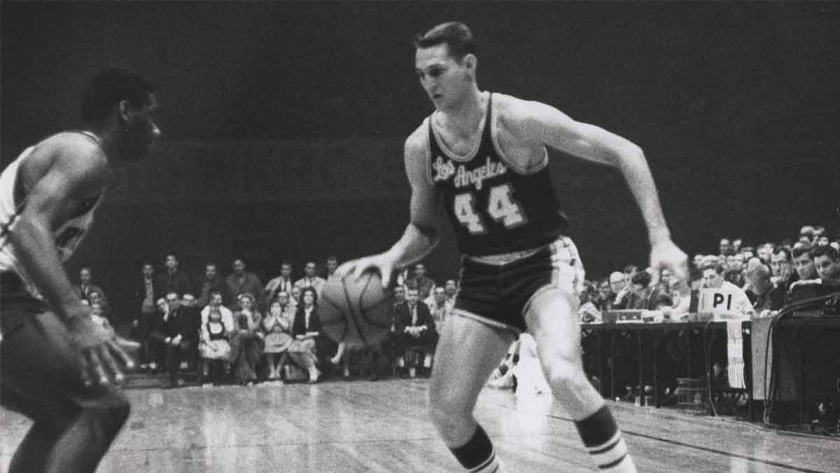 Los Angeles Lakers guard Jerry West (44) in action against Cincinnati Royals guard Oscar Roberston (14) . West is the Lakers all-time leading scorer with 25,192 points, was a 14-time all star.