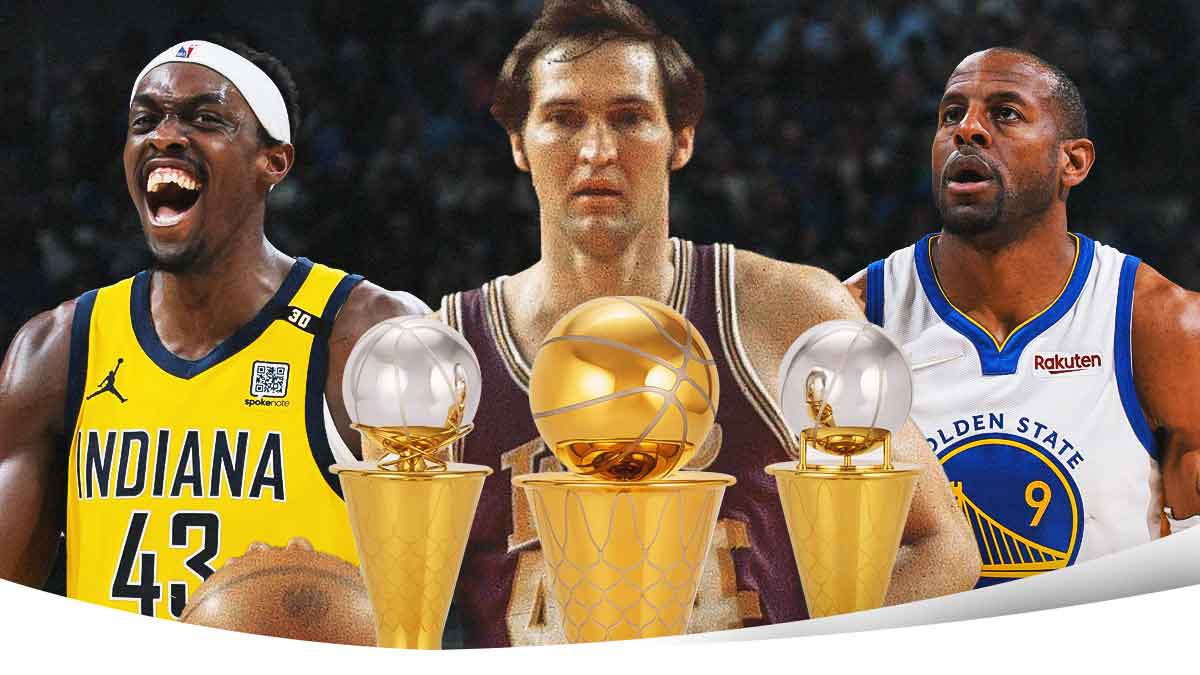 In the middle of the graphic is Pascal Siakam (Pacers), Jerry West (Lakers), Andre Iguodola (Warriors) together. Front and center of the graphic is Bill Russell NBA Finals MVP Trophy and Eastern Conference/Western Conference Finals MVP trophy.