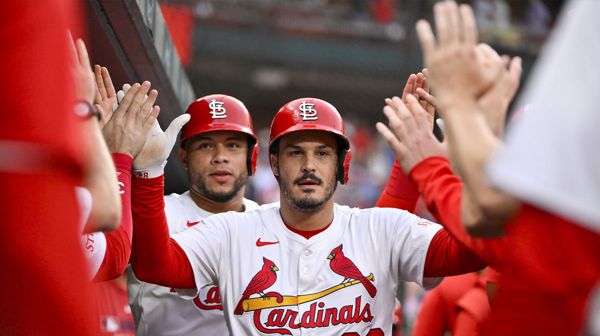 St. Louis Cardinals third baseman Nolan Arenado (28) is congratulated by teammates after hitting a two run home run against the Kansas City Royals during the third inning at Busch Stadium. MLB trade deadline