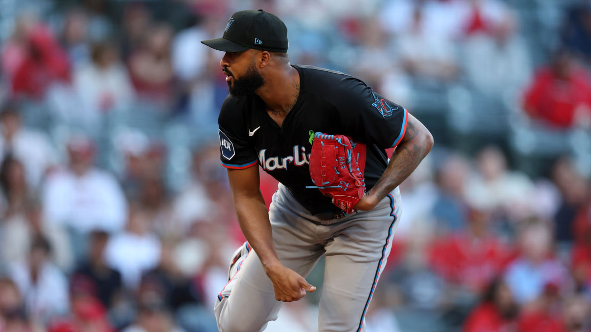 Miami Marlins starting pitcher Sandy Alcantara (22) pitches during the first inning against the Los Angeles Angels at Angel Stadium.