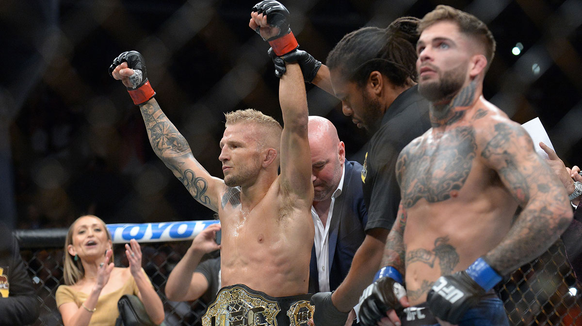 TJ Dillashaw is declared the winner against Cody Garbrandt by TKO and retains his Bantamweight title during UFC 227 at Staples Center.