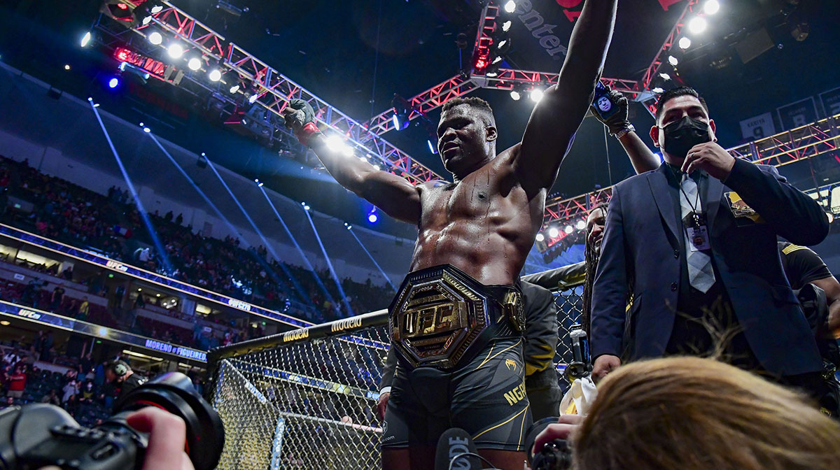 Francis Ngannou leaves the octagon after the win against Ciryl Gane during UFC 270 at Honda Center.