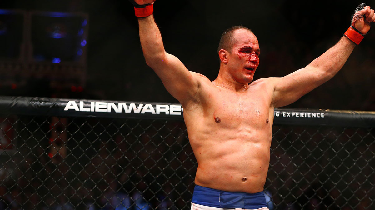 Junior Dos Santos celebrates following his fight against Stipe Miocic (not pictured) during UFC Fight Night at US Airways Center.