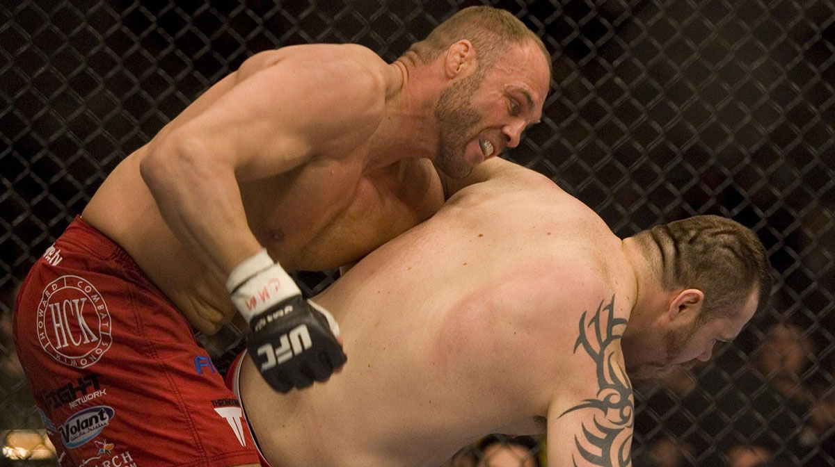 Tim Sylvia (bottom) and Randy Couture (top) do battle during their UFC heavyweight championship bout at the Nationwide Arena in Columbus, OH.