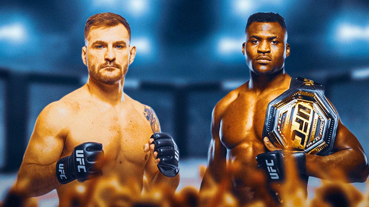 Stipe Miocic and Francis Ngannou together with UFC octagon as background.