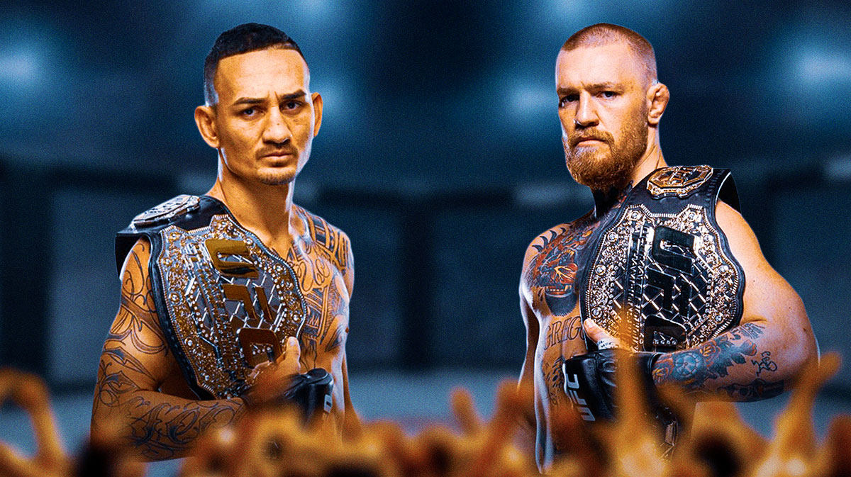Max Holloway and Conor McGregor together in UFC octagon with championship belts.
