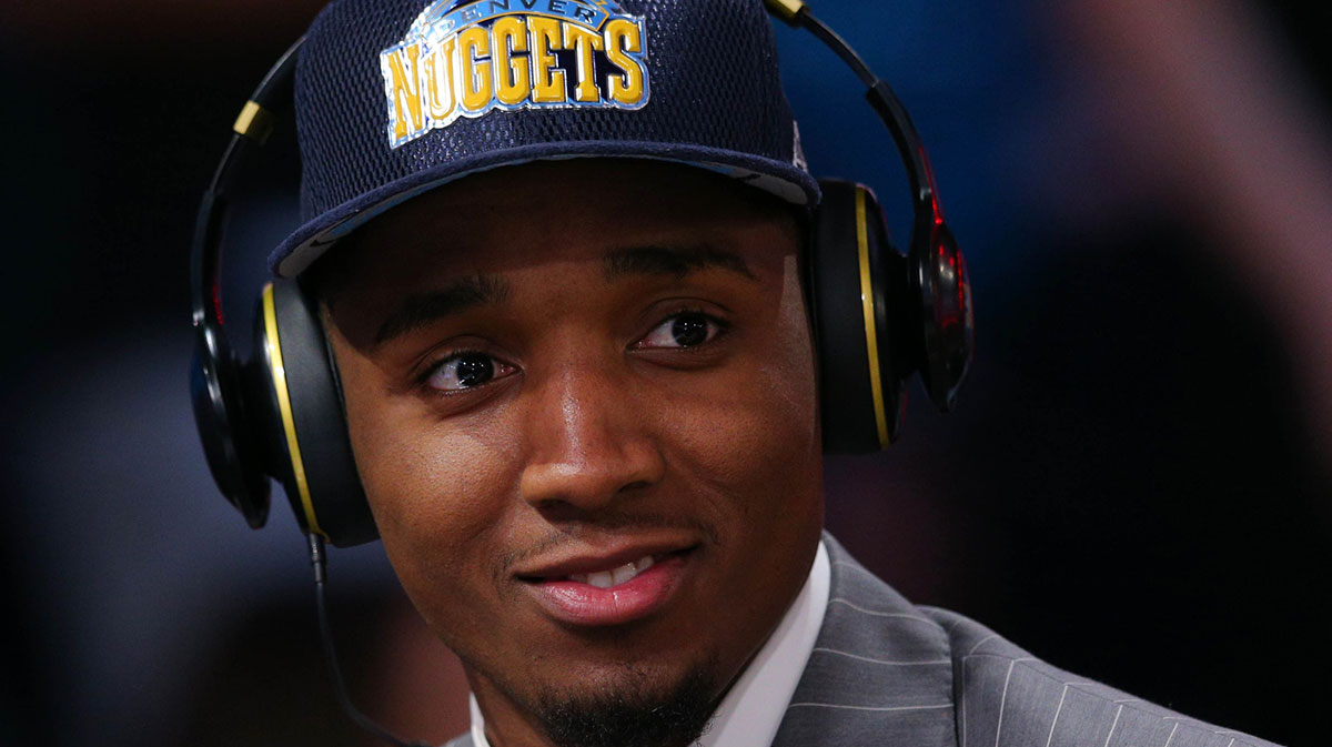 Donovan Mitchell (Louisville) is interviewed after being introduced as the number thirteen overall pick to the Denver Nuggets in the first round of the 2017 NBA Draft at Barclays Center.