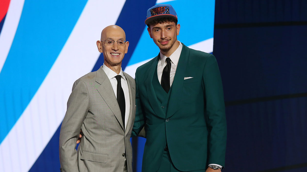 Alperen Sengun (Besiktas, Turkey) poses with NBA commissioner Adam Silver after being selected as the number sixteen overall pick by the Oklahoma City Thunder in the first round of the 2021 NBA Draft at Barclays Center.