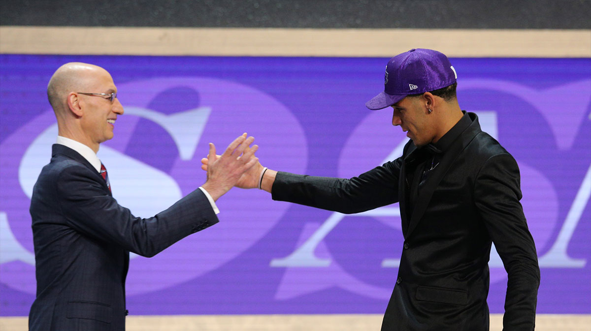 Lonzo Ball (UCLA) is introduced by NBA commissioner Adam Silver as the number two overall pick to the Los Angeles Lakers in the first round of the 2017 NBA Draft at Barclays Center.