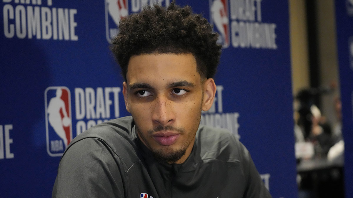 Tyrese Proctor talks to the media during the 2025 NBA Draft Combine at Marriott Marquis Chicago.