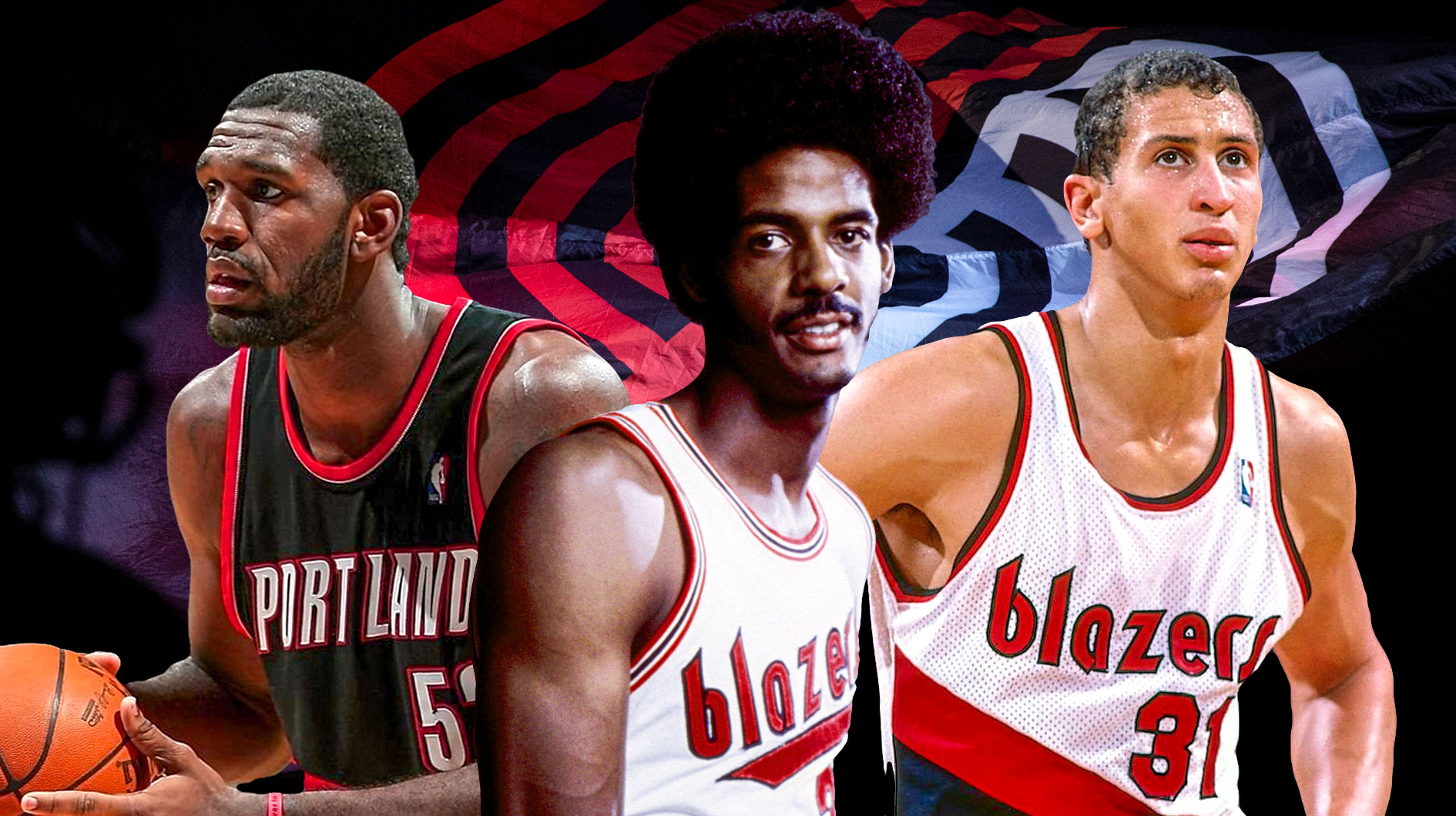 Greg Oden, LaRue Martin, Sam Bowie all together in Blazers gear.