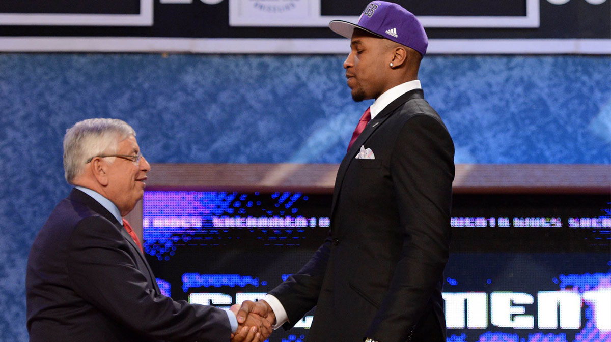 Thomas Robinson (Kansas), right, is introduced as the number five overall pick to the Sacramento Kings by NBA commissioner David Stern during the 2012 NBA Draft at the Prudential Center.