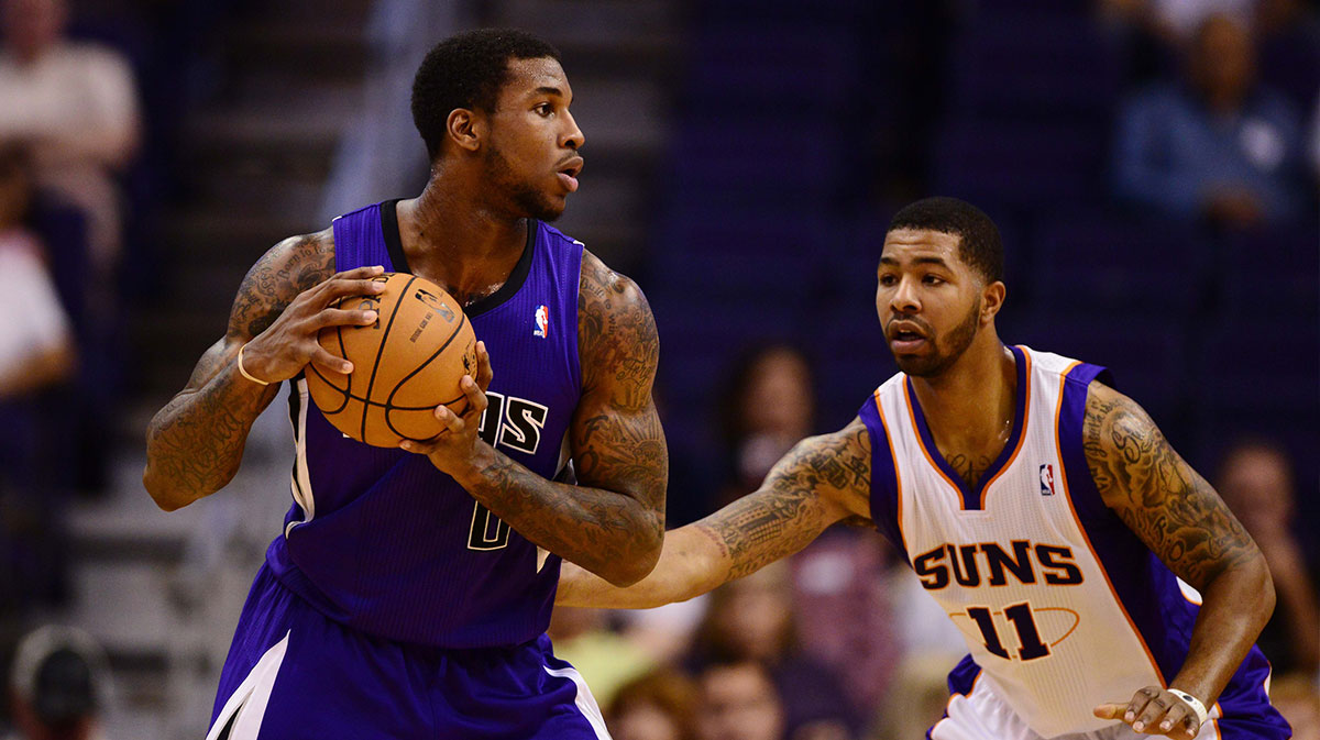 Sacramento Kings forward (0) Thomas Robinson against Phoenix Suns forward Markieff Morris (11) during a preseason game at the US Airways Center.