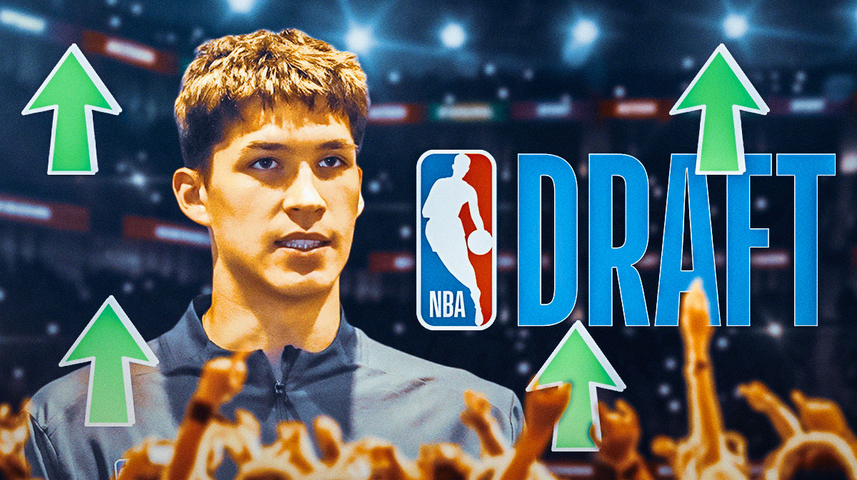 Egor Demin with arrows all around the graphic pointing up. NBA Draft logo front and center.
