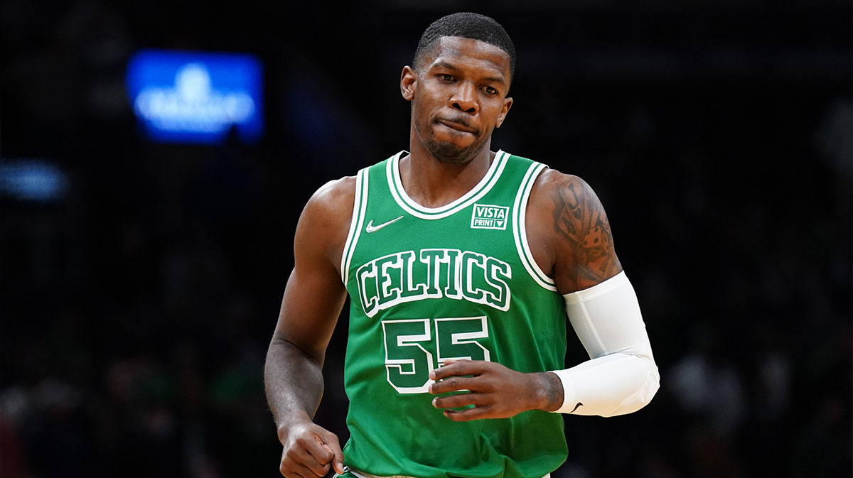 Boston Celtics guard Joe Johnson (55) on the court against the Cleveland Cavaliers in the second half at TD Garden.