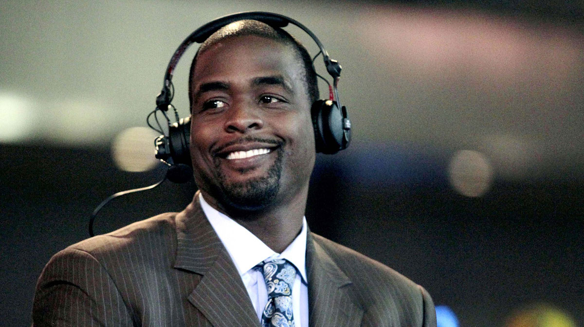 TNT analyst Chris Webber talks outside the Staples Center before the start of the game between the Oklahoma City Thunder and the Los Angeles Lakers.