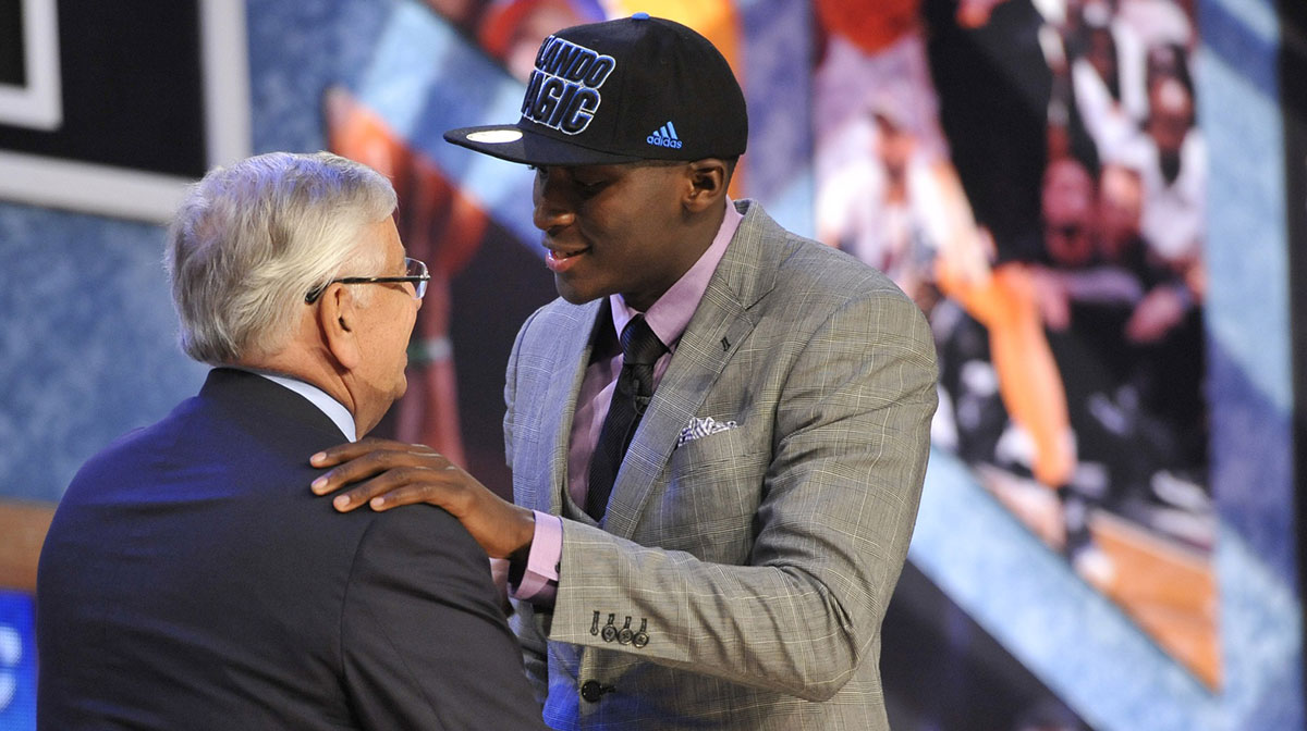 Victor Oladipo (Indiana) greets NBA commissioner David Stern after being selected as the number two overall pick to the Orlando Magic during the 2013 NBA Draft at the Barclays Center.