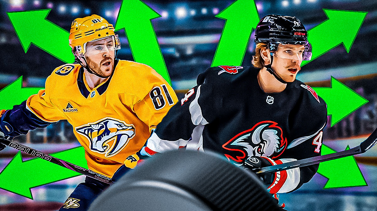 Bowen Byram and Jonathan Marchessault together with arrows pointing every which way on the graphic.