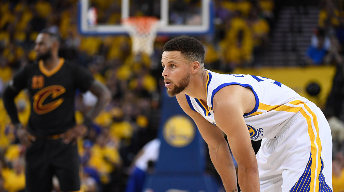 Golden State Warriors guard Stephen Curry (30, right) and Cleveland Cavaliers forward LeBron James (23, left) during the second quarter in game two of the 2017 NBA Finals at Oracle Arena. The Warriors defeated the Cavaliers 132-113.
