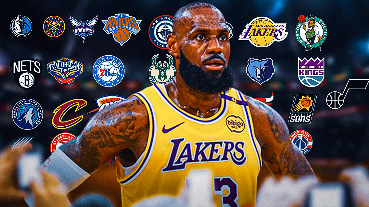 LeBron James with the logos of every NBA team in the background.