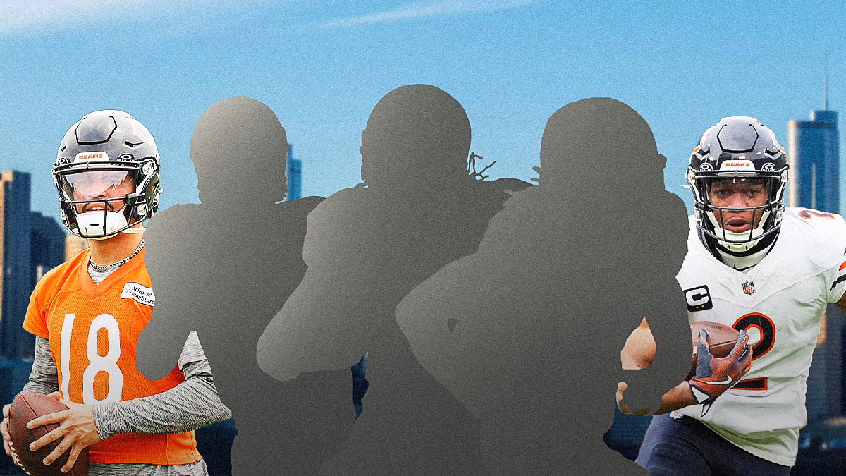 Three mystery players in the middle, Anthony Richardson and DeForest Buckner around them, Indianapolis skyline in the background