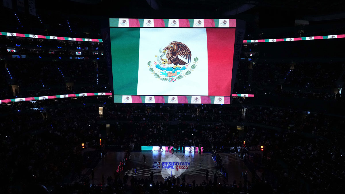 A general overall view of the playing of the Mexican national anthem during the 2023 NBA Mexico City Game between the Orlando Magic and the Atlanta Hawks at the Arena CDMX.