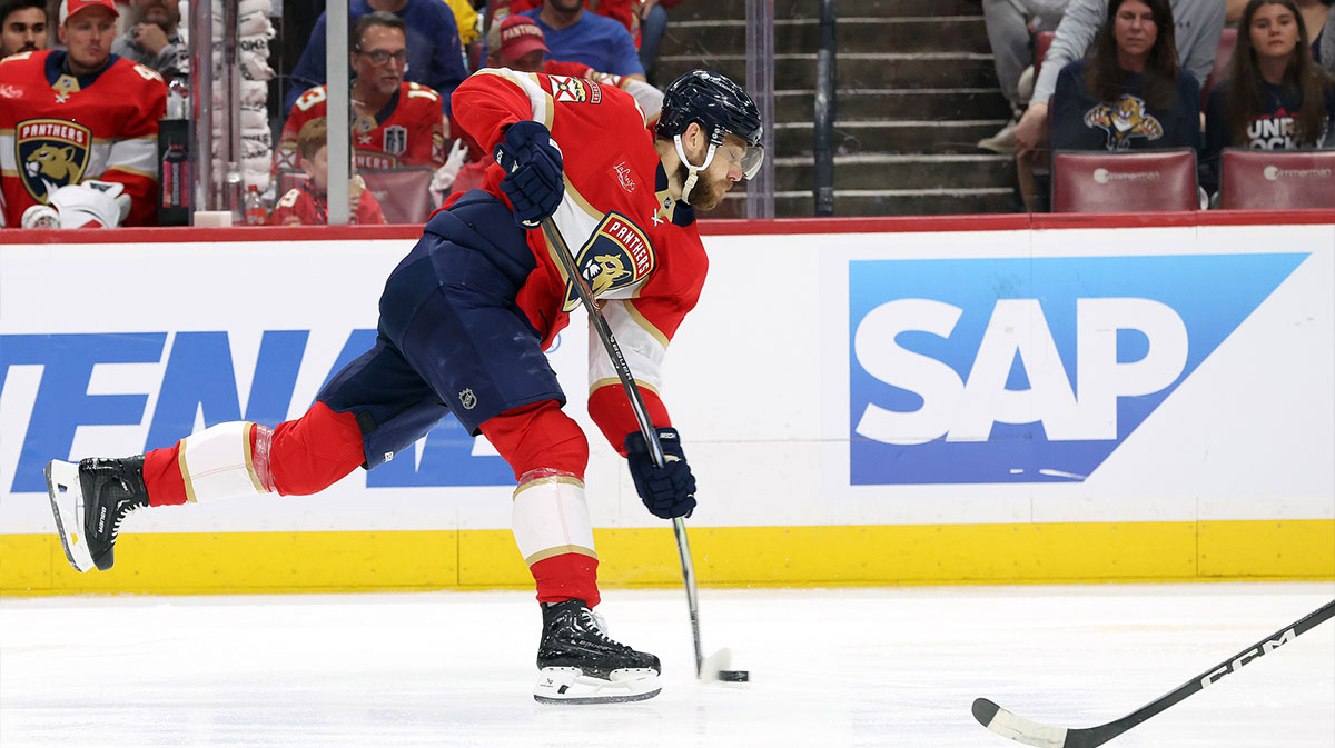 Florida Panthers left wing A.J. Greer (10) shoots against the Toronto Maple Leafs during the second period in game four of the second round of the 2025 Stanley Cup Playoffs at Amerant Bank Arena.
