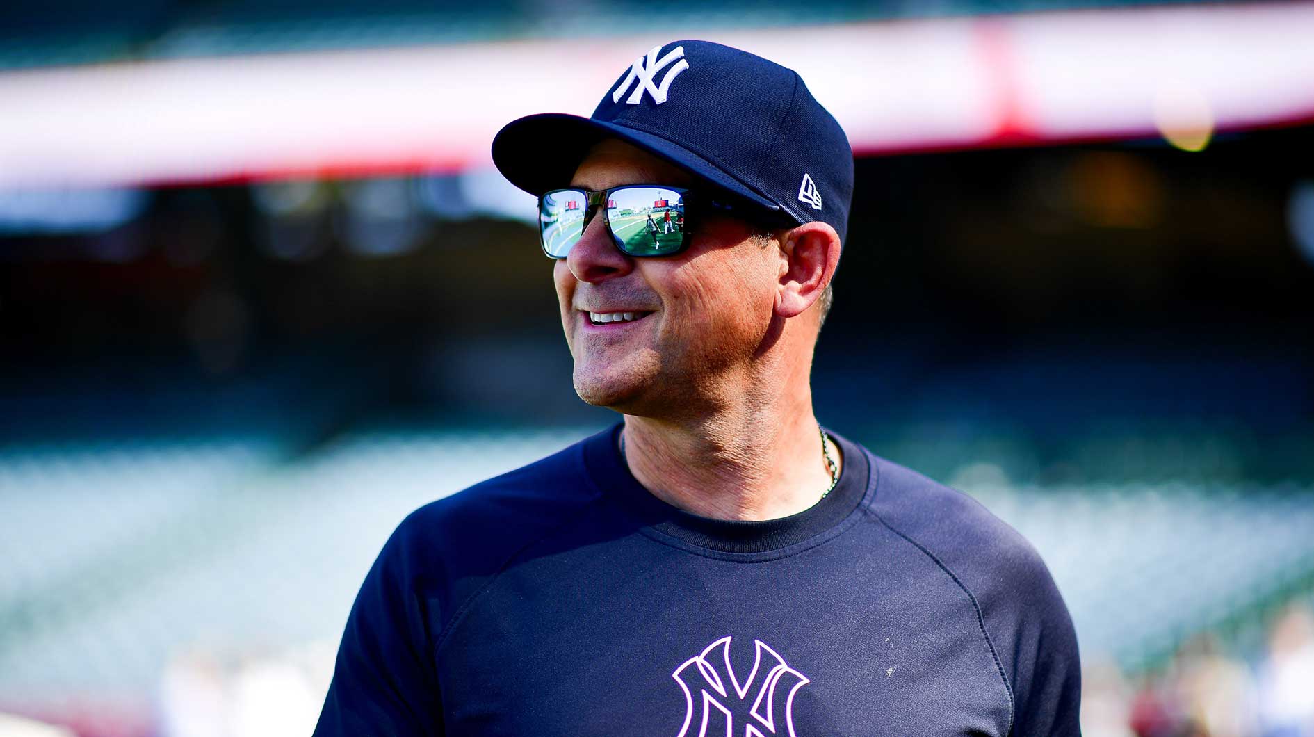 May 27, 2025; Anaheim, California, USA; New York Yankees manager Aaron Boone (17) before the game against the Los Angeles Angels at Angel Stadium. Mandatory Credit: Gary A. Vasquez-Imagn Images. Boone discussed Stanton and Marcus Stroman returns.