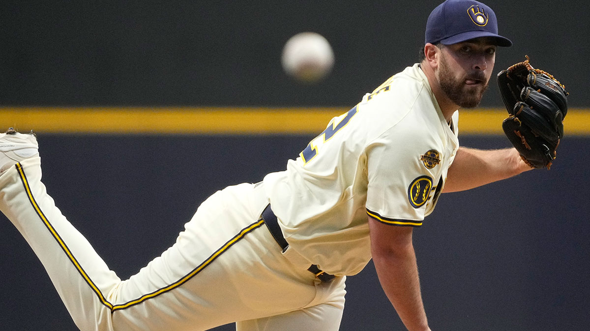 Milwaukee Brewers pitcher Aaron Civale (32) delivers a pitch against the Boston Red Sox in the first inning at American Family Field.
