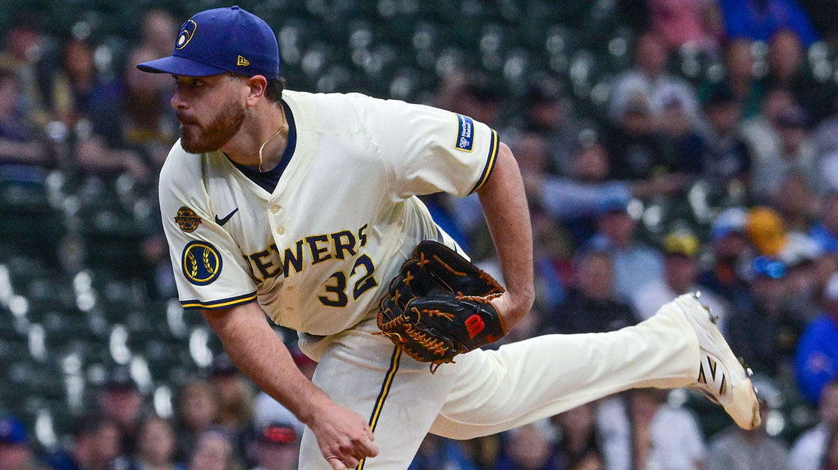 Milwaukee Brewers starting pitcher Aaron Civale (32) throws a pitch in the first inning against the Atlanta Braves at American Family Field.