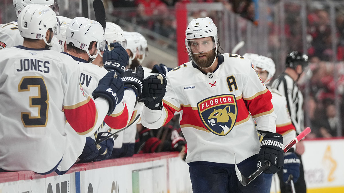 Florida Panthers defenseman Aaron Ekblad (5) celebrates scoring against the Carolina Hurricanes during the first period in game one of the Eastern Conference Final of the 2025 Stanley Cup Playoffs at Lenovo Center.