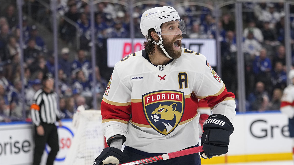 Florida Panthers defenseman Aaron Ekblad (5) calls out to teammates during the third period of game seven of the second round of the 2025 Stanley Cup Playoffs against the Toronto Maple Leafs at Scotiabank Arena.