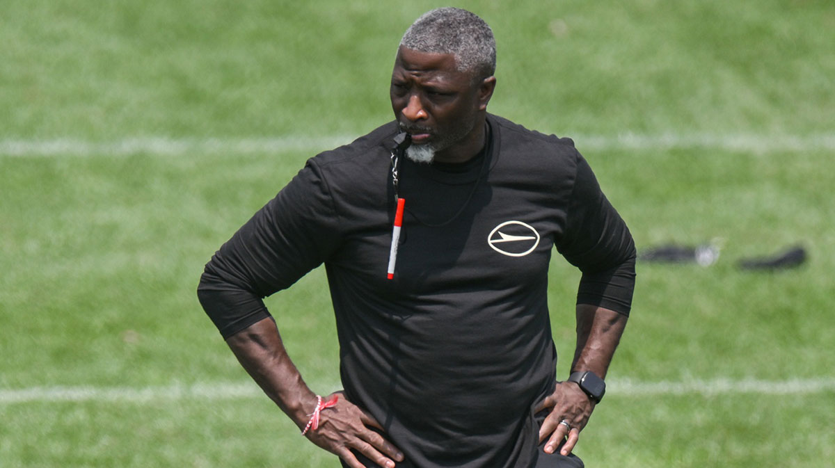 Jun 11, 2025; Florham Park, NY, USA; New York Jets head coach Aaron Glenn looks on during minicamp at Atlantic Health Jets Training Center.