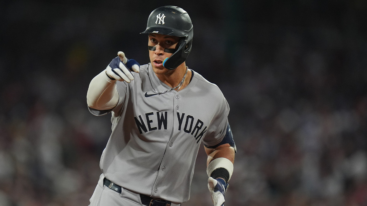 Jun 13, 2025; Boston, Massachusetts, USA; New York Yankees outfielder Aaron Judge (99) reacts to the crowd after hitting a home run against the Boston Red Sox in the ninth inning at Fenway Park. Mandatory Credit: David Butler II-Imagn Images