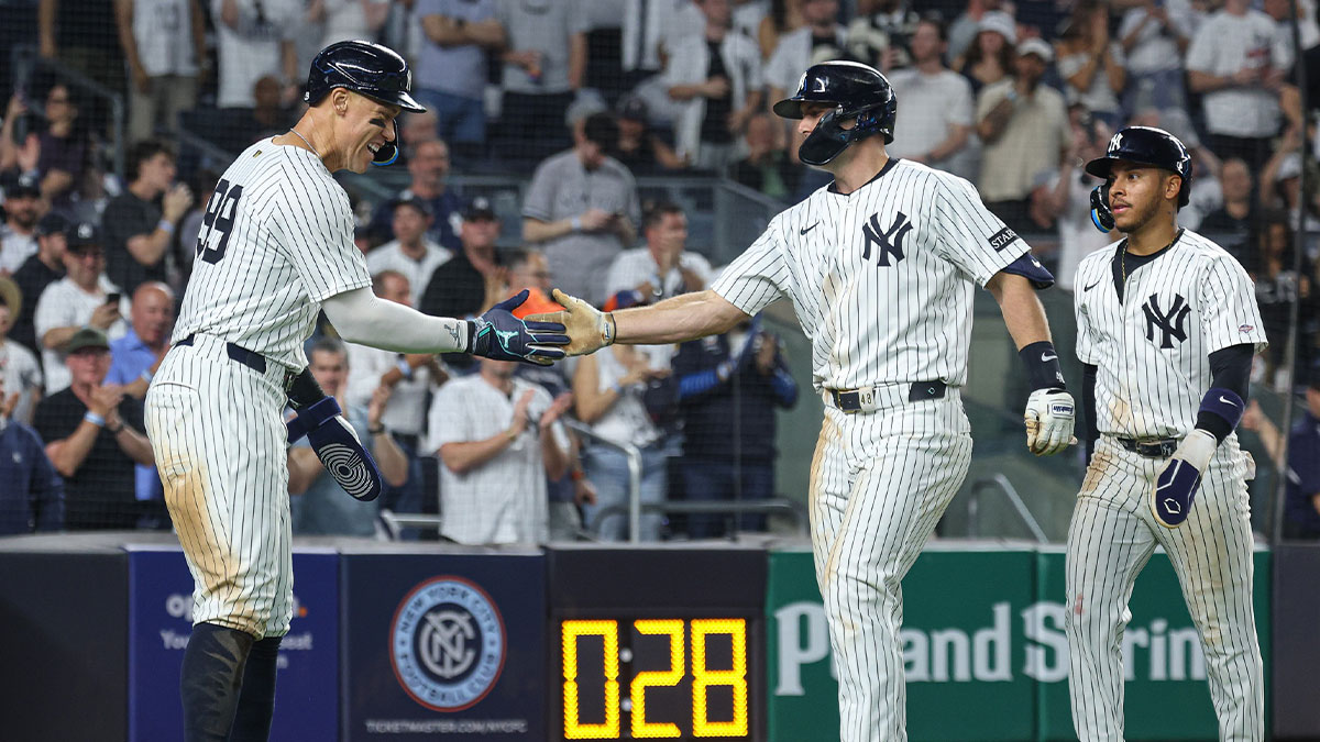 New York Yankees first baseman Paul Goldschmidt (48) celebrates his three run home run during the fifth inning with right fielder Aaron Judge (99) against the Tampa Bay Rays at Yankee Stadium.
