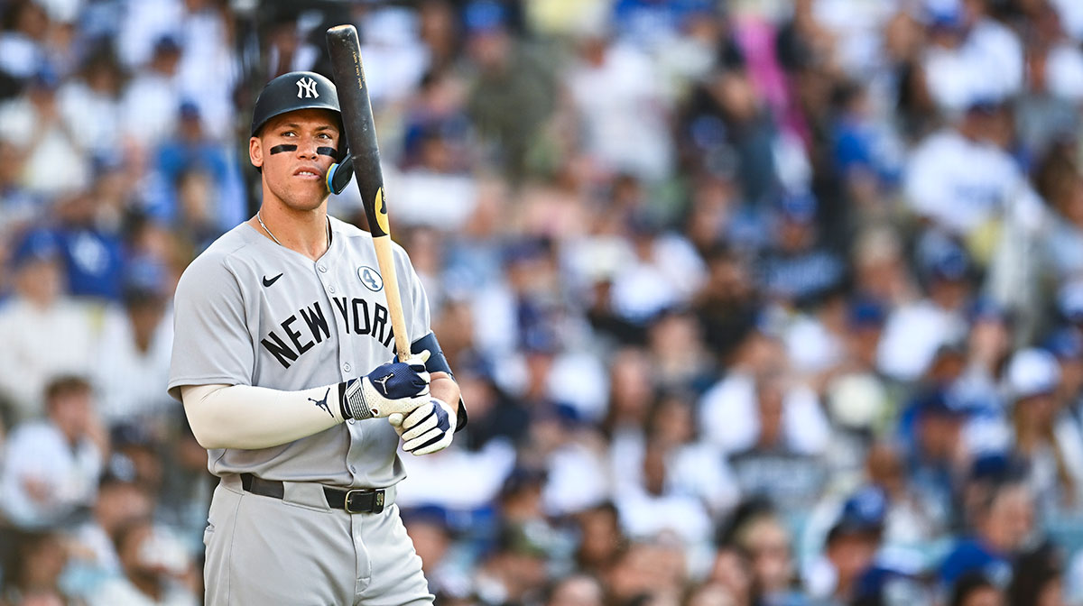 New York Yankees outfielder Aaron Judge (99) on deck against the Los Angeles Dodgers during the fifth inning at Dodger Stadium.
