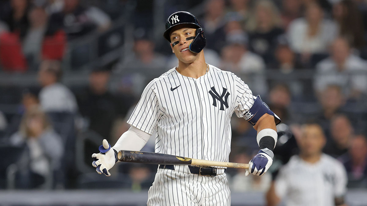 New York Yankees right fielder Aaron Judge (99) reacts after striking out during the sixth inning against the Los Angeles Angels at Yankee Stadium.